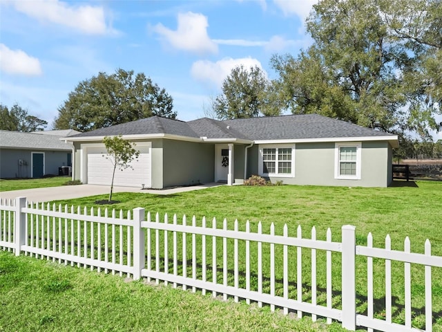 ranch-style house featuring a garage and a front lawn