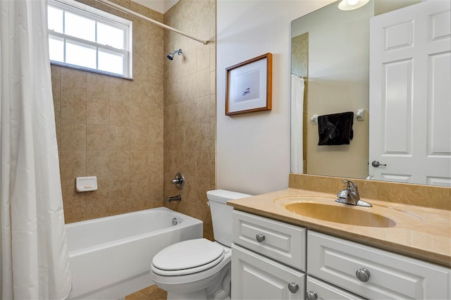 full bathroom with vanity, toilet, and shower / bathtub combination with curtain