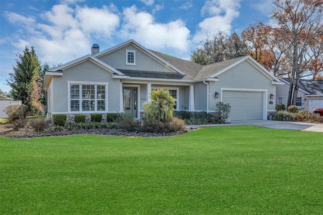 ranch-style home with stucco siding, concrete driveway, a front yard, an attached garage, and a chimney