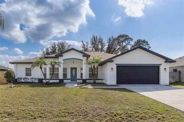 ranch-style house featuring a garage, stucco siding, a front lawn, and fence