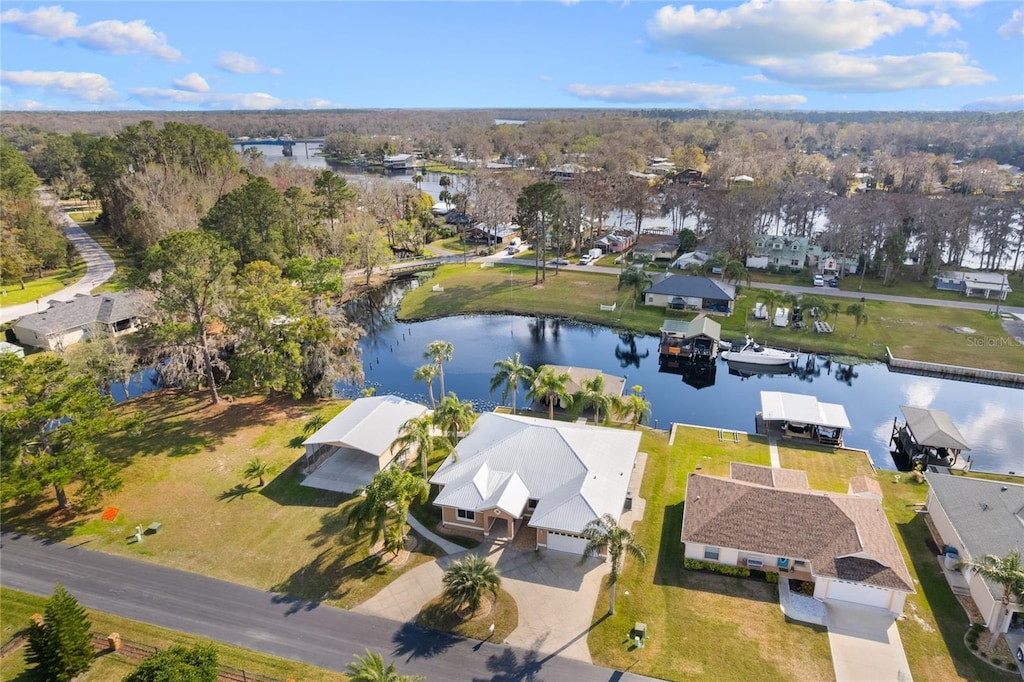 drone / aerial view with a water view