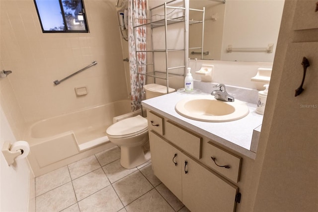 full bathroom with tile patterned flooring, vanity, shower / bath combo with shower curtain, and toilet