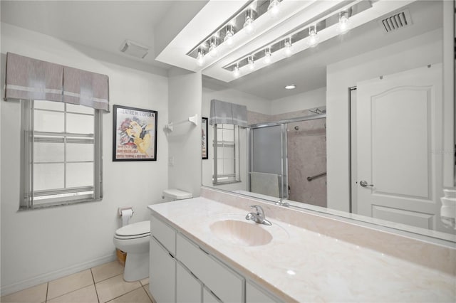 full bathroom featuring tile patterned floors, visible vents, toilet, a stall shower, and vanity