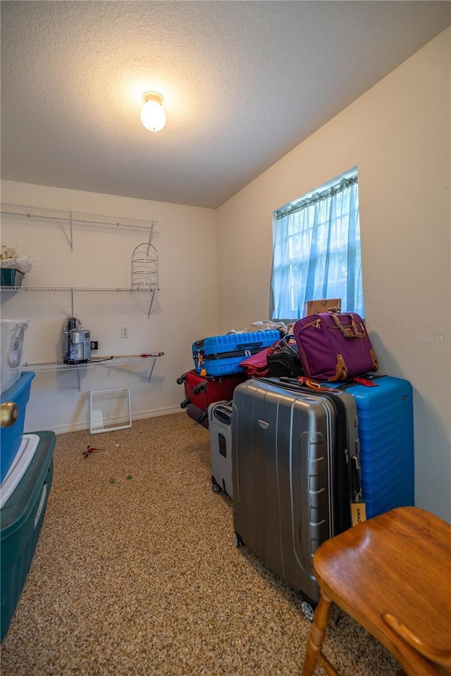 interior space featuring baseboards, a textured ceiling, and carpet flooring