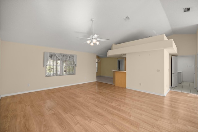 unfurnished living room featuring visible vents, a ceiling fan, light wood-style flooring, and vaulted ceiling