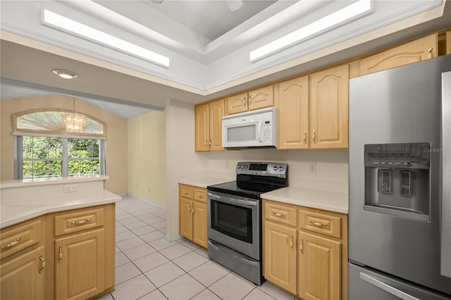 kitchen featuring light tile patterned floors, stainless steel appliances, light countertops, light brown cabinetry, and an inviting chandelier