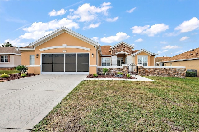 single story home with concrete driveway, a front yard, stucco siding, a garage, and stone siding