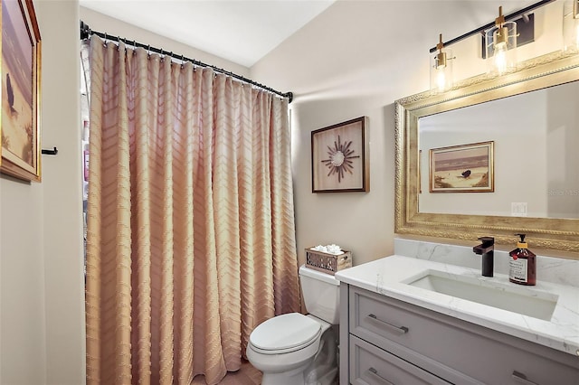 full bath featuring vanity, a shower with shower curtain, and toilet