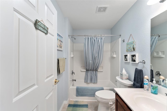 bathroom with shower / tub combo, visible vents, vanity, and toilet