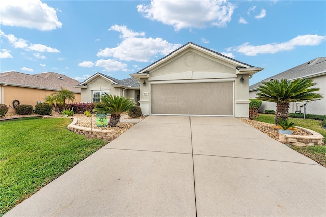 ranch-style home with an attached garage, a front lawn, concrete driveway, and stucco siding