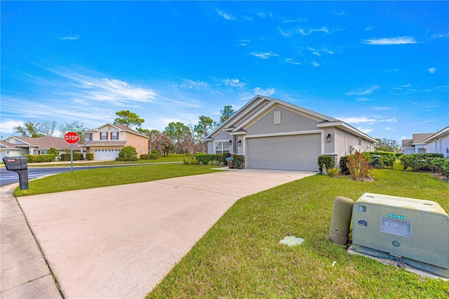 single story home with a garage and a front lawn