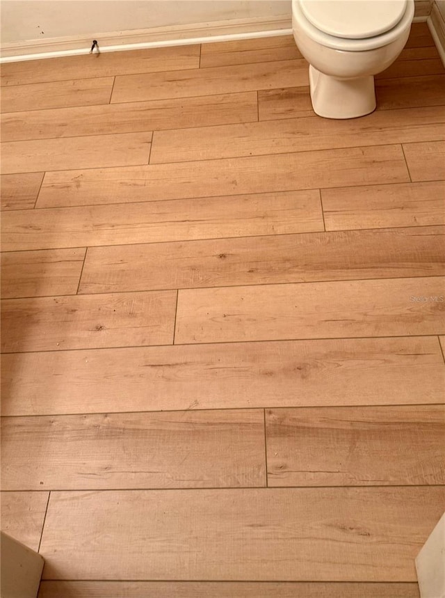 bathroom view of wood finished floors and toilet