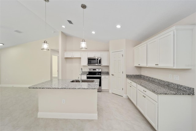 kitchen with an island with sink, stainless steel appliances, light stone countertops, white cabinets, and pendant lighting