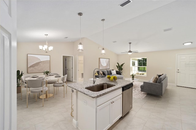 kitchen featuring white cabinetry, an island with sink, decorative light fixtures, sink, and dishwasher