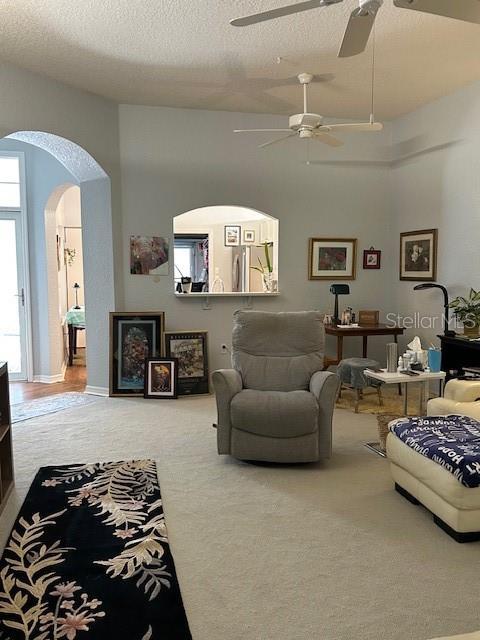 living room with carpet floors and a textured ceiling