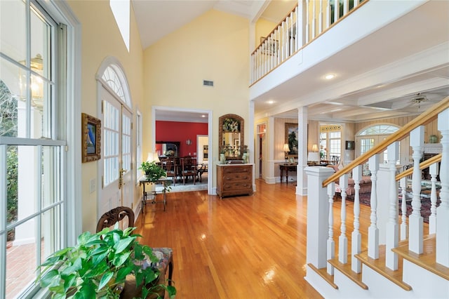 foyer entrance with a healthy amount of sunlight, hardwood / wood-style floors, and a high ceiling