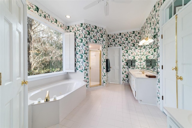 bathroom featuring vanity, ceiling fan, ornamental molding, and separate shower and tub