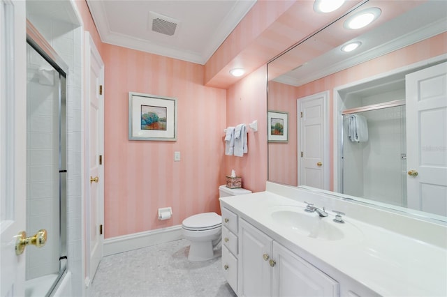 full bathroom with tile patterned floors, toilet, ornamental molding, vanity, and enclosed tub / shower combo