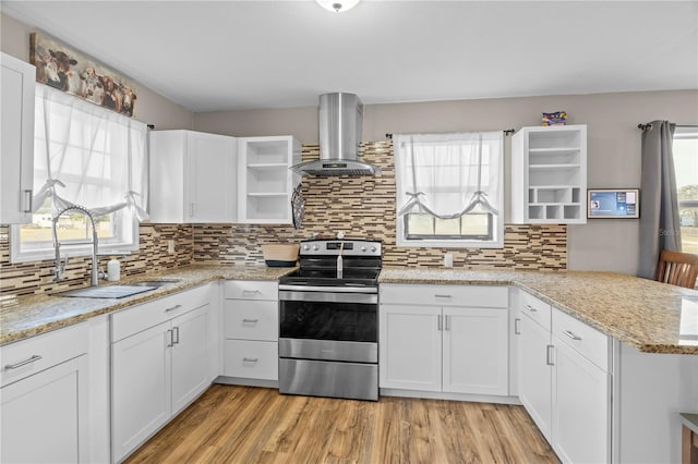 kitchen featuring sink, white cabinetry, ventilation hood, stainless steel range with electric cooktop, and kitchen peninsula