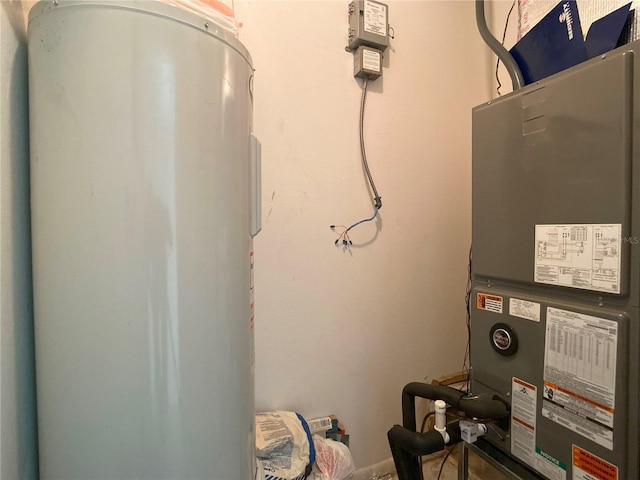 utility room featuring heating unit and water heater