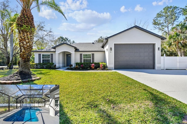 single story home with an attached garage, a front lawn, concrete driveway, and stucco siding