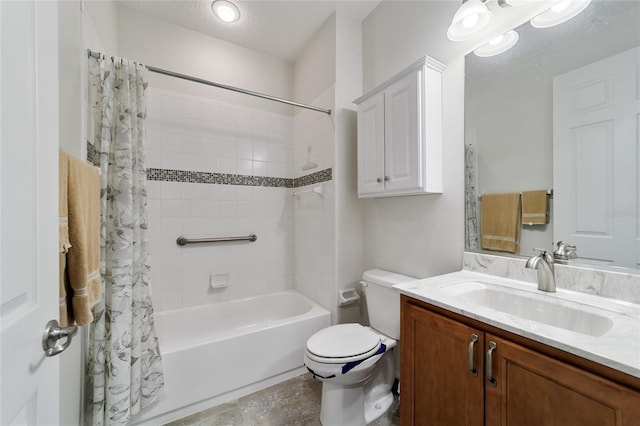 full bathroom with vanity, shower / bath combination with curtain, a textured ceiling, and toilet