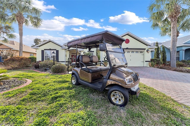 view of yard with a garage