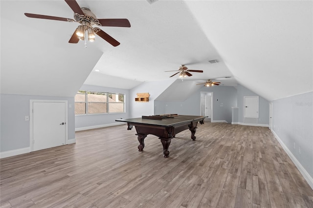 recreation room featuring billiards, lofted ceiling, and light hardwood / wood-style flooring