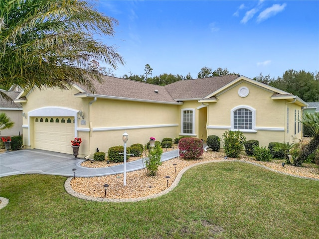 ranch-style home featuring a garage and a front yard