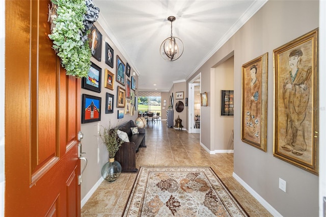 corridor featuring ornamental molding, light tile patterned floors, and a notable chandelier