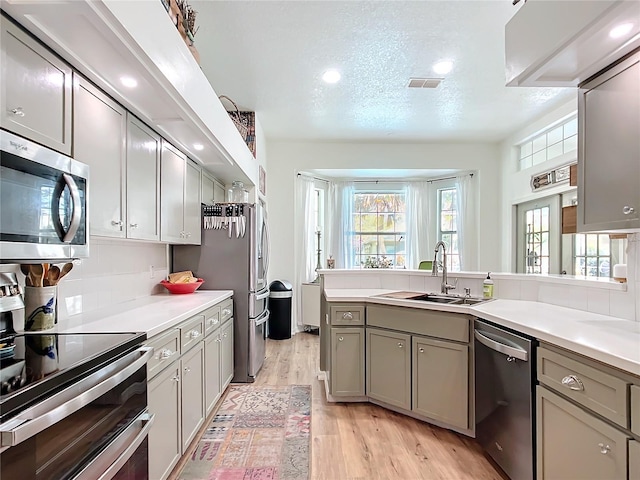 kitchen featuring sink, appliances with stainless steel finishes, gray cabinetry, decorative backsplash, and light wood-type flooring