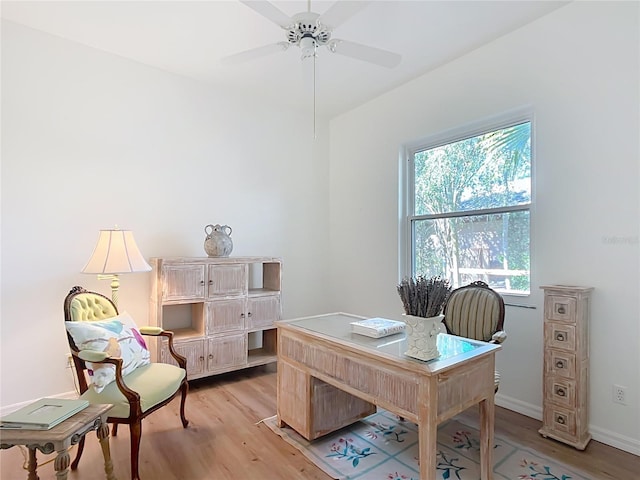 home office with light hardwood / wood-style floors and ceiling fan