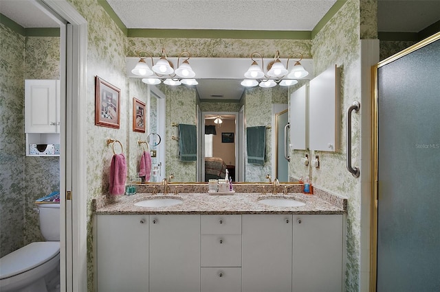 bathroom featuring vanity, toilet, a shower with door, and a textured ceiling