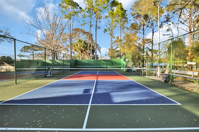 view of tennis court with fence