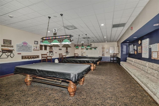 rec room with carpet floors, a paneled ceiling, pool table, and visible vents