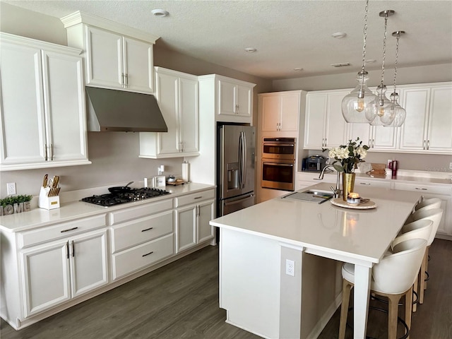 kitchen with appliances with stainless steel finishes, a kitchen island with sink, light countertops, under cabinet range hood, and pendant lighting