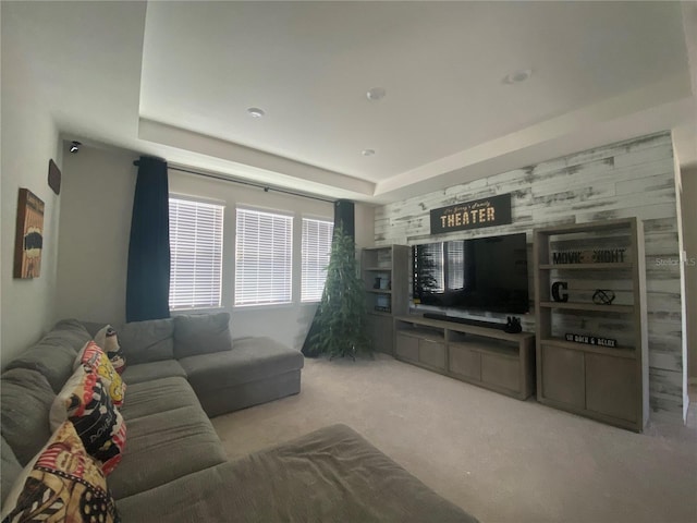 carpeted living area featuring a raised ceiling