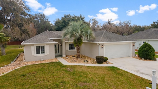 ranch-style home with a garage and a front yard