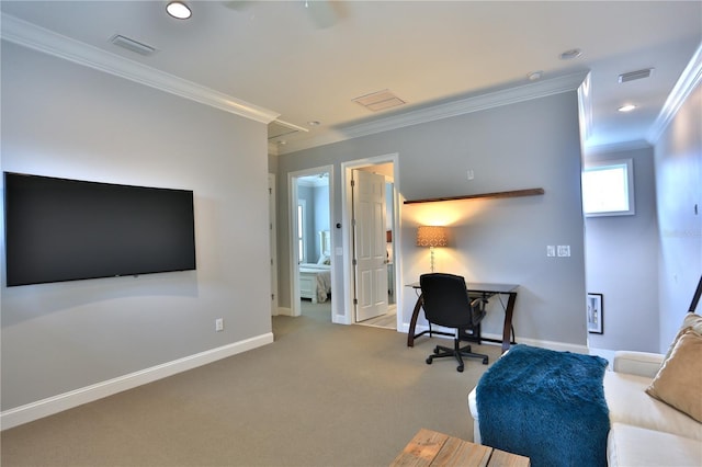 carpeted office with crown molding