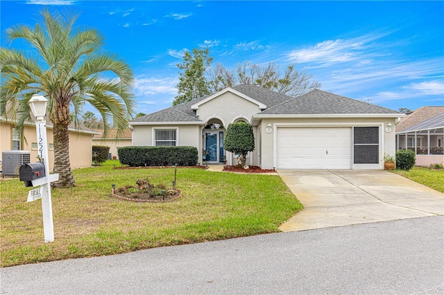 ranch-style home featuring a garage, concrete driveway, central air condition unit, a front lawn, and stucco siding