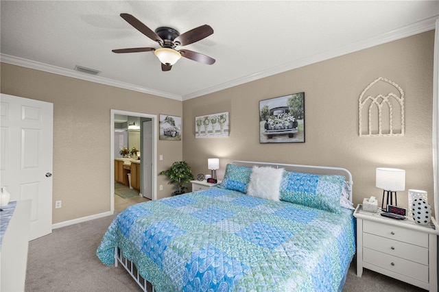 bedroom with ceiling fan, light colored carpet, ornamental molding, and connected bathroom
