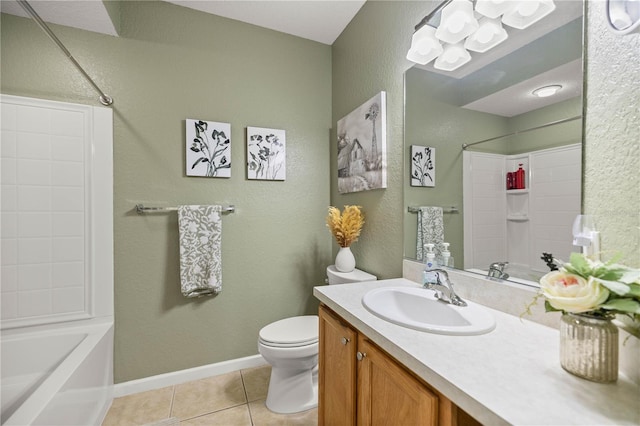 full bathroom with vanity, tile patterned floors, toilet, and shower / washtub combination
