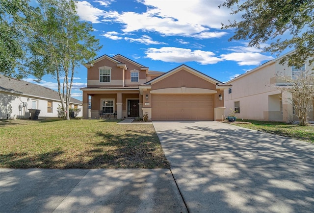 view of front of house with a porch, a garage, and a front yard