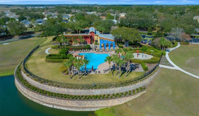 drone / aerial view featuring a water view