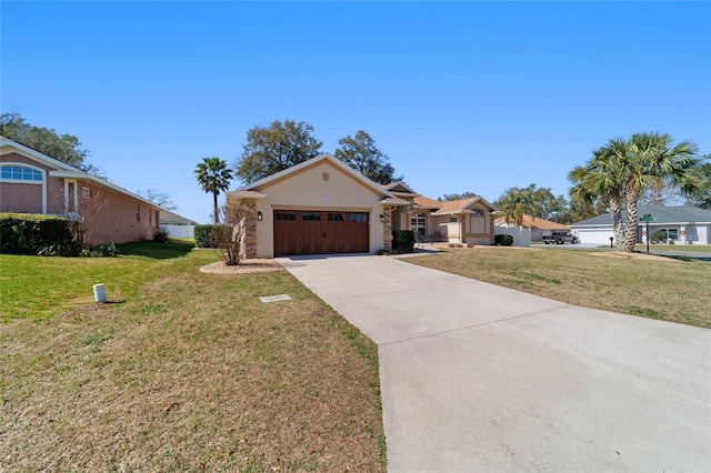 ranch-style home featuring a garage and a front yard