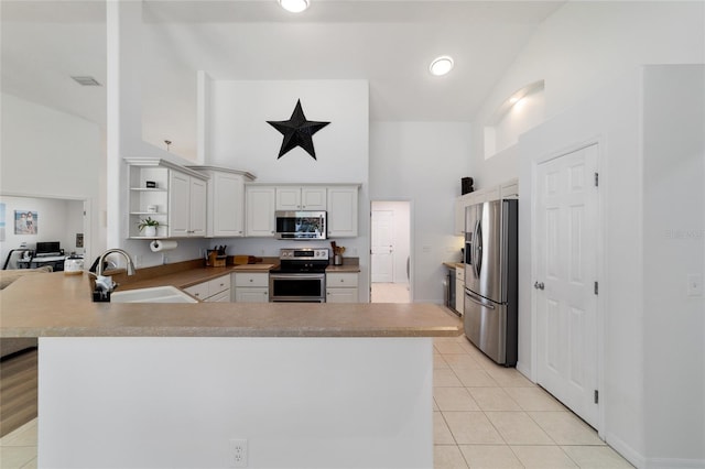 kitchen with sink, white cabinetry, stainless steel appliances, high vaulted ceiling, and kitchen peninsula