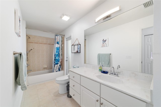 full bathroom featuring shower / bath combination with curtain, vanity, and toilet