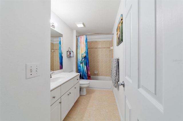 full bathroom featuring vanity, shower / bath combo, tile patterned floors, and toilet