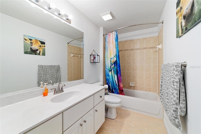 full bathroom with tile patterned flooring, vanity, shower / tub combo, and toilet