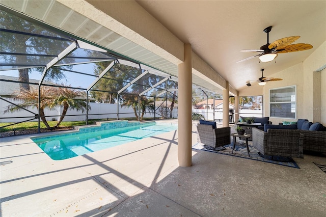 view of swimming pool with a lanai, an outdoor hangout area, a patio, and ceiling fan